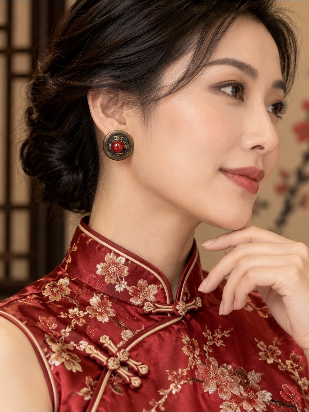 Vintage Asian Inspired Bronze Tone Red Cabochon Statement Earrings